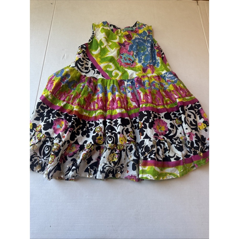Antica Sartoria Kids Multi Color Tiered Cotton Boho Dress‎ Beaded Patch CV171 M